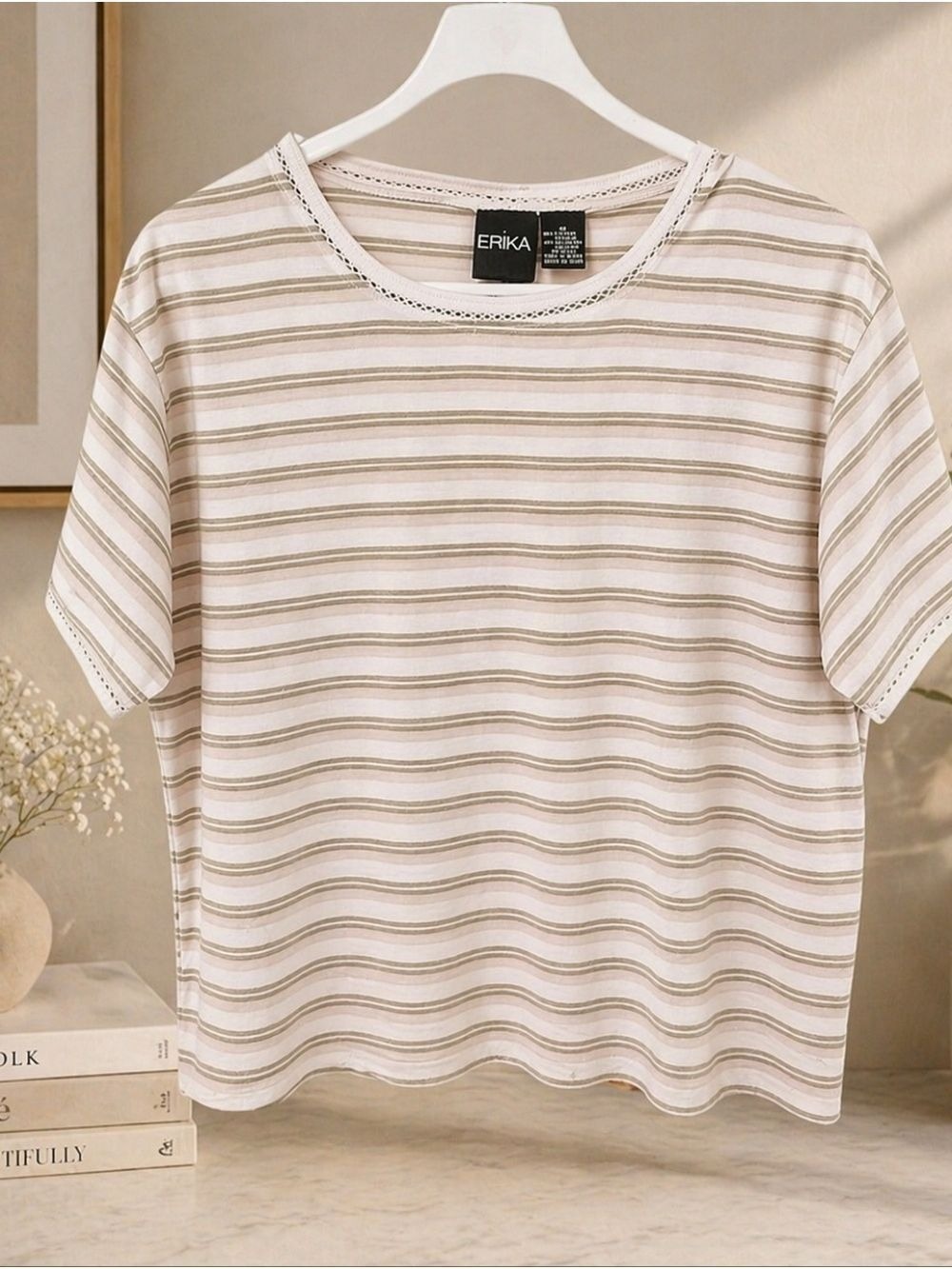 Erika Green White Striped Tee Medium